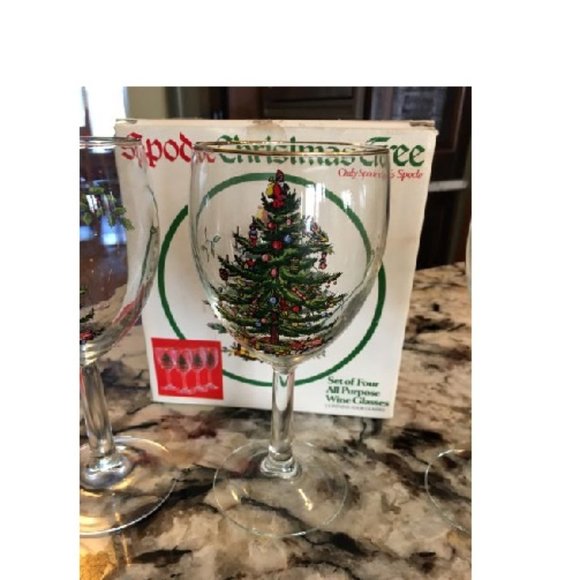Lot of 3 Spode Christmas Tree 10 Oz Wine Glass Glasses w/ Gold Rims Original Box - Picture 2 of 5